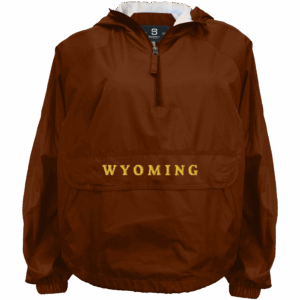 brown polyester hooded 1/4 zip jacket with hood. has big pocket on the front. has wyoming lettering in gold on flap of front pocket
