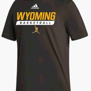 Brown adidas tee with design center chest. design is gold wyoming lettering with white box and basketball lettering inside below. pistol pete logo playing basketball at bottom and white adidas logo at top