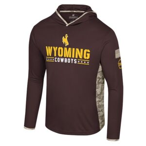 brown and camo hooded long sleeve. design center chest is gold bucking hose above gold wyoming lettering with white lettering below. has camo on back side of sleeve with usa patch on left sleeve