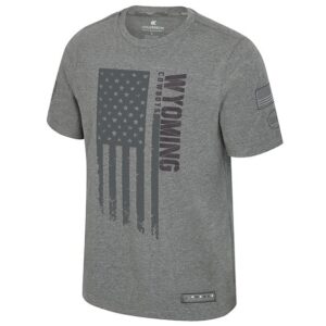 grey tee shirt with usa flag going horizontally down center chesst. hs wyoming lettering to the left. design is dark grey