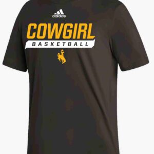 Brown adidas tee with design center chest. design is gold cowgirl lettering with white box and basketball lettering inside below. gold bucking horse at bottom and white adidas logo at top
