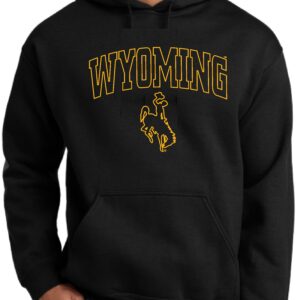 black hooded sweatshirt with design center chest. design is gold outlined wyoming lettering with outline of bucking horse below