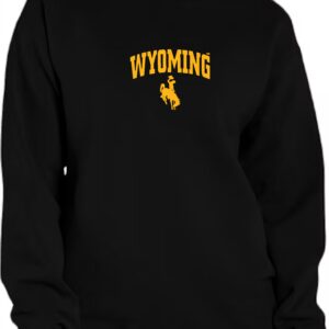 black women's crewneck with gold design center chest. design is wyoming lettering with bucking horse below
