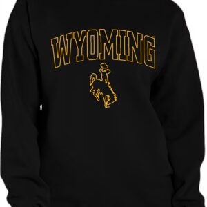 black crewneck sweatshirt with design center chest. design is gold outlined wyoming lettering with outline of bucking horse below