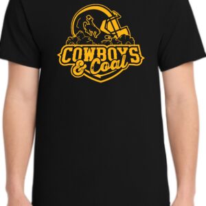 black tee shirt with gold design center chest. design is football helmet with bucking horse on side sitting on coal with cowboys lettering below and coal lettering below that