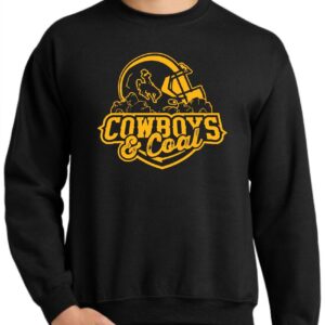 black crewneck with gold design center chest. design is football helmet with bucking horse on side sitting on coal with cowboys lettering below and coal lettering below that