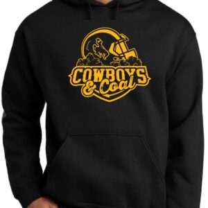black sweatshirt with gold design center chest. design is football helmet with bucking horse on side sitting on coal with cowboys lettering below and coal lettering below that