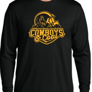 black long sleeve shirt with gold design center chest. design is football helmet with bucking horse on side sitting on coal with cowboys lettering below and coal lettering below that