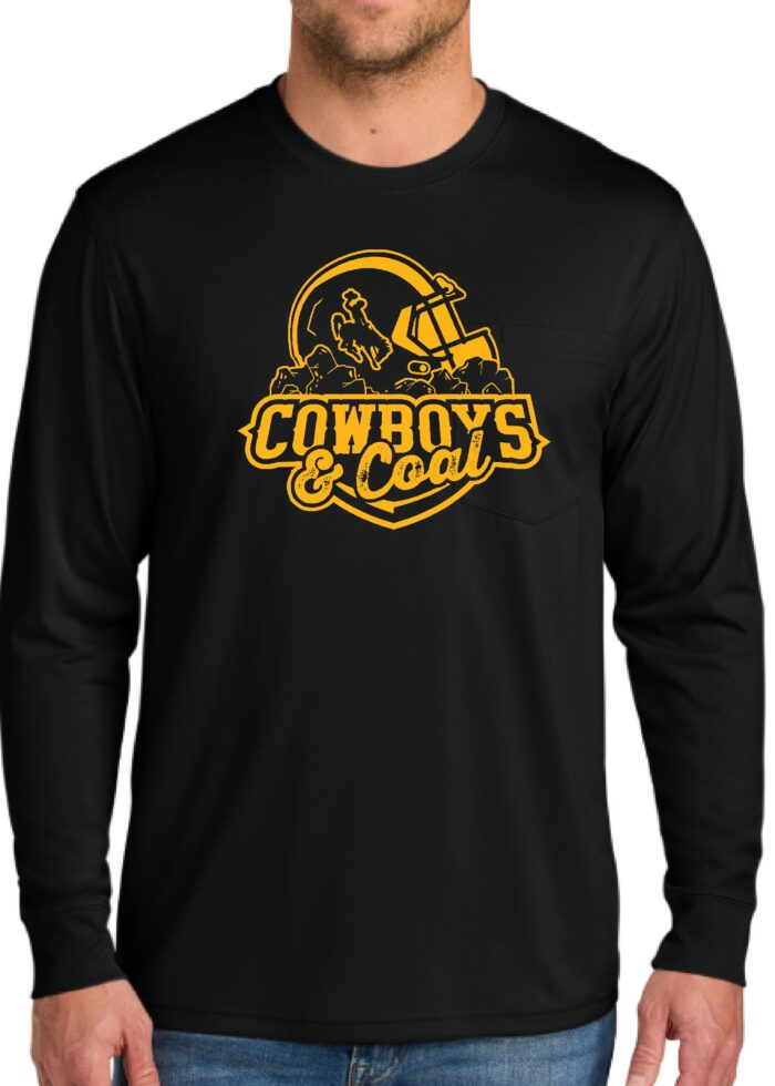 black long sleeve shirt with gold design center chest. design is football helmet with bucking horse on side sitting on coal with cowboys lettering below and coal lettering below that