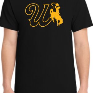 black tee shirt with design center chest. has outline of cursive w to the left of a bucking horse