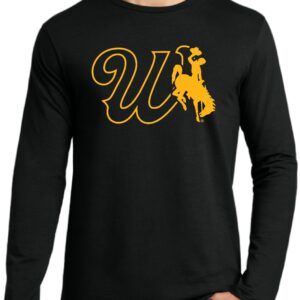 black long sleeve tee shirt with design center chest. has outline of cursive w to the left of a bucking horse