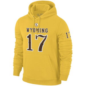 gold hooded sweatshirt with embroidered wyoming lettering with big #17 below all center chest. has 17 on left bicep of sleeve
