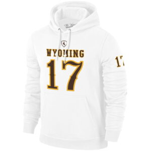 white hooded sweatshirt with embroidered wyoming lettering with big #17 below all center chest. has 17 on left bicep of sleeve