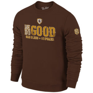brown crewneck sweatshirt with be good do good god bless go pokes saying for josh allen on center chest in white and gold