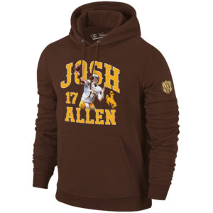 Brown sweatshirt with josh allen logo on front chest. has retirement patch on left sleeve