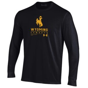 black under armour long sleeve with gold design center chest. design is bucking horse above wyoming lettering. has line below and cowboys below that. under armour logo at bottom left centered