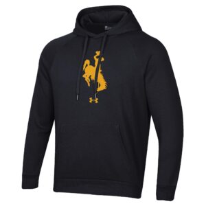 black under armour hood with gold bucking horse center chest. has gold under armour logo centered below