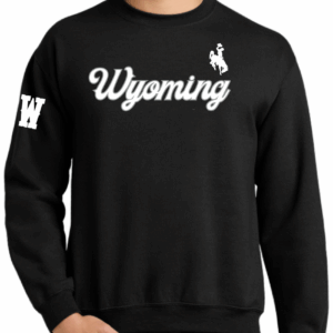 black crewneck with white script wyoming lettering center chest. has white bucking horse left centered above and block w on right bicep