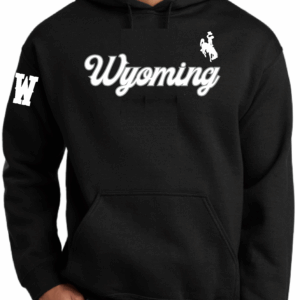 black hooded sweatshirt with white script wyoming lettering center chest. has white bucking horse left centered above and block w on right bicep