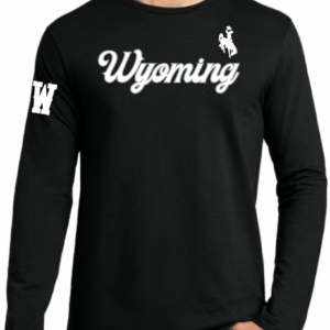 black long sleeve with white script wyoming lettering center chest. has white bucking horse left centered above and block w on right bicep