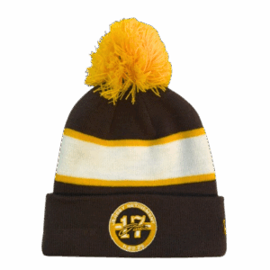 brown gold and white beanie with gold pom on top. has josh allen 17 circle retirement patch on the front of cuff