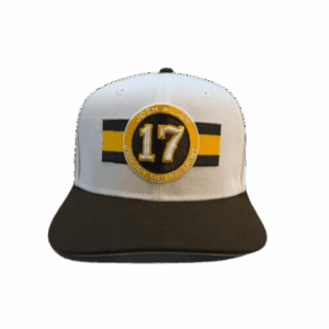 White adjustable hat with brown bill. has josh allen 17 circle patch on front with brown and gold stripes on the side