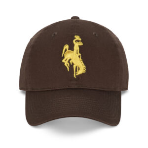 brown adjustable hat with gold bucking horse embroidered on the front panel