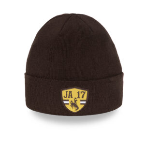 brown beanie with josh allen commemorative patch embroidered on front cuff