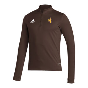 brown adidas 1/4 zip jacket. has white adidas logo on right chest and gold bucking horse on right chest
