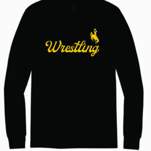 black long sleeve tee with gold design center chest. design is script wrestling with bucking horse on top left of design