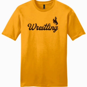 gold s/s tee with brown design center chest. design is cursive wrestling script with bucking horse top left of design