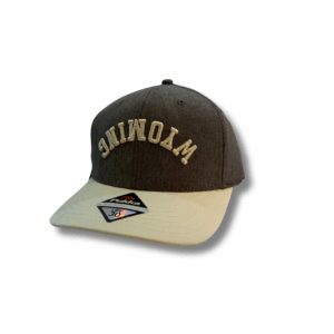dark grey hat with cream bill. has cream embroidered lettering on front panel