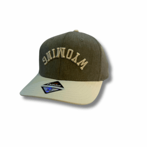 grey hat with cream bil. has cream embroidered wyoming lettering on front panel.