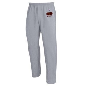grey champion sweatpants with brown design on left pant pocket. has bucking horse and says wyoming below
