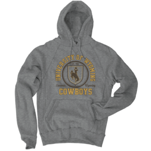 dark grey hoodie with design center chest. design is arch university of wyoming lettering with bucking horse in circle below. has cowboys in gold at bottom with script laramie wy in brown above.