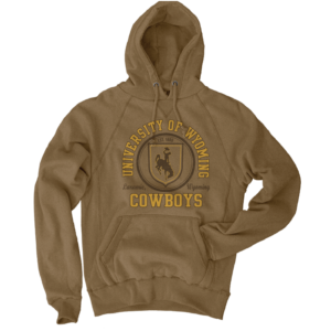 russet hoodie with design center chest. design is arch university of wyoming lettering with bucking horse in circle below. has cowboys in gold at bottom with script laramie wy in brown above.