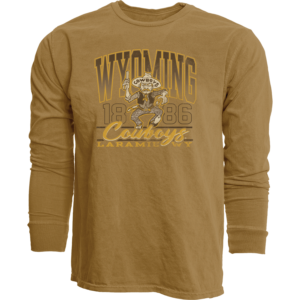 russet long sleeve with graphic center chest in white, brown, and gold with wyoming lettering at top with old pistol pete in the middle. 1886 lettering on sides with cowboys script below and laramie at bottom