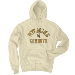 cream hooded sweatshirt with design center chest. design is arch wyoming cowboys in gold with brown outline. has bucking horse below and cowboys below the bucking horse.