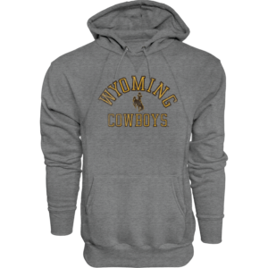 grey sweatshirt with design center chest. has gold wyoming lettering with brown outline. brown bucking horse below with gold cowboys lettering below that.