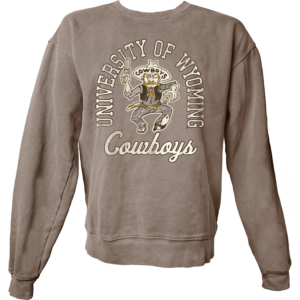 light brown crewneck. has arch university of wyoming in cream with brown outline. has old pistol pete below in brown, gold, and white. has cowboys script at bottom.