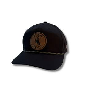 black adjustable hat with charcoal and black rope hat. has circle leather hat patch on front bill with wyoming cowboys on patch