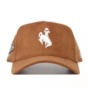 corduroy brown hat with white bucking horse embroidered on front panel. has nr logo on left side of hat in white