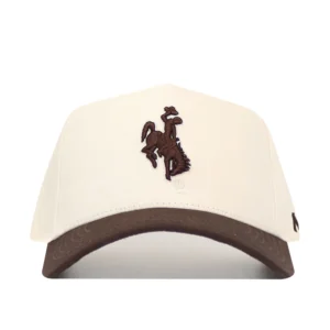 cream adjustable hat with brown brim. has brown bucking horse embroidered on front panel.