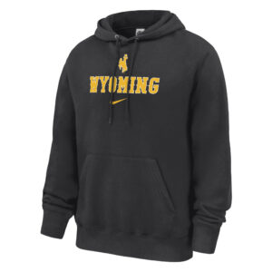 Black Nike hooded sweatshirt with design center chest. design is gold bucking horse with white outline. has wyoming lettering in gold below with white outline and gold swoosh below all