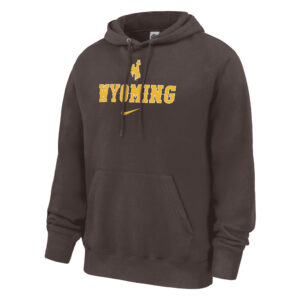 brown Nike hooded sweatshirt with design center chest. design is gold bucking horse with white outline. has wyoming lettering in gold below with white outline and gold swoosh below all