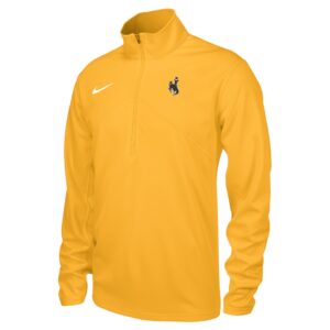 gold nike 1/4 zip with brown bucking horse on left chest and white nike logo on right chest.