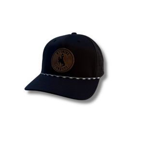 black adjustable hat with white rope on bill. has circle leather patch on front panel that says wyoming cowboys