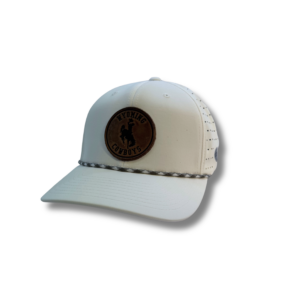 white adjustable hat with grey rope on bill. has circle patch on front panel with wyoming cowboys on it.