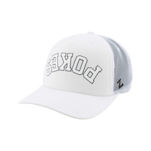 white hat with white mesh back. has upside down pokes lettering in white with brown outline