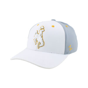 white hat with grey back. has white embroidered bucking horse with gold shadow outline.